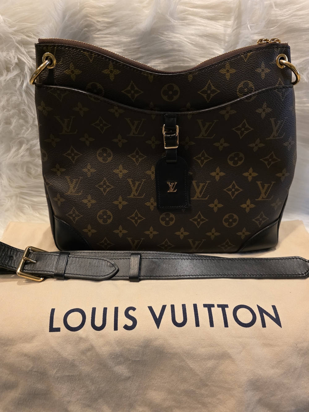 Louis Vuitton Monogram Odeon MM Shoulder Bag with Black Trim and Gold Hardware